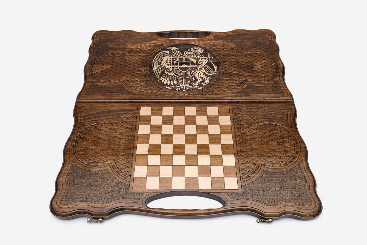 Angled view of the Armenia coat of arms bronze backgammon board