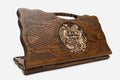 Carved beechwood backgammon board with the Armenian coat of arms in bronze, with a carry handle, propped open
