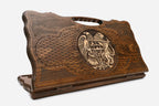 Carved beechwood backgammon board with the Armenian coat of arms in bronze, with a carry handle, propped open