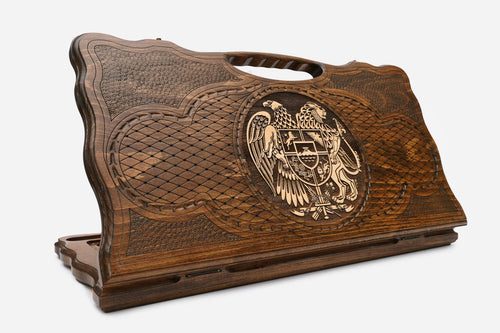 Carved beechwood backgammon board with the Armenian coat of arms in bronze, with a carry handle, propped open