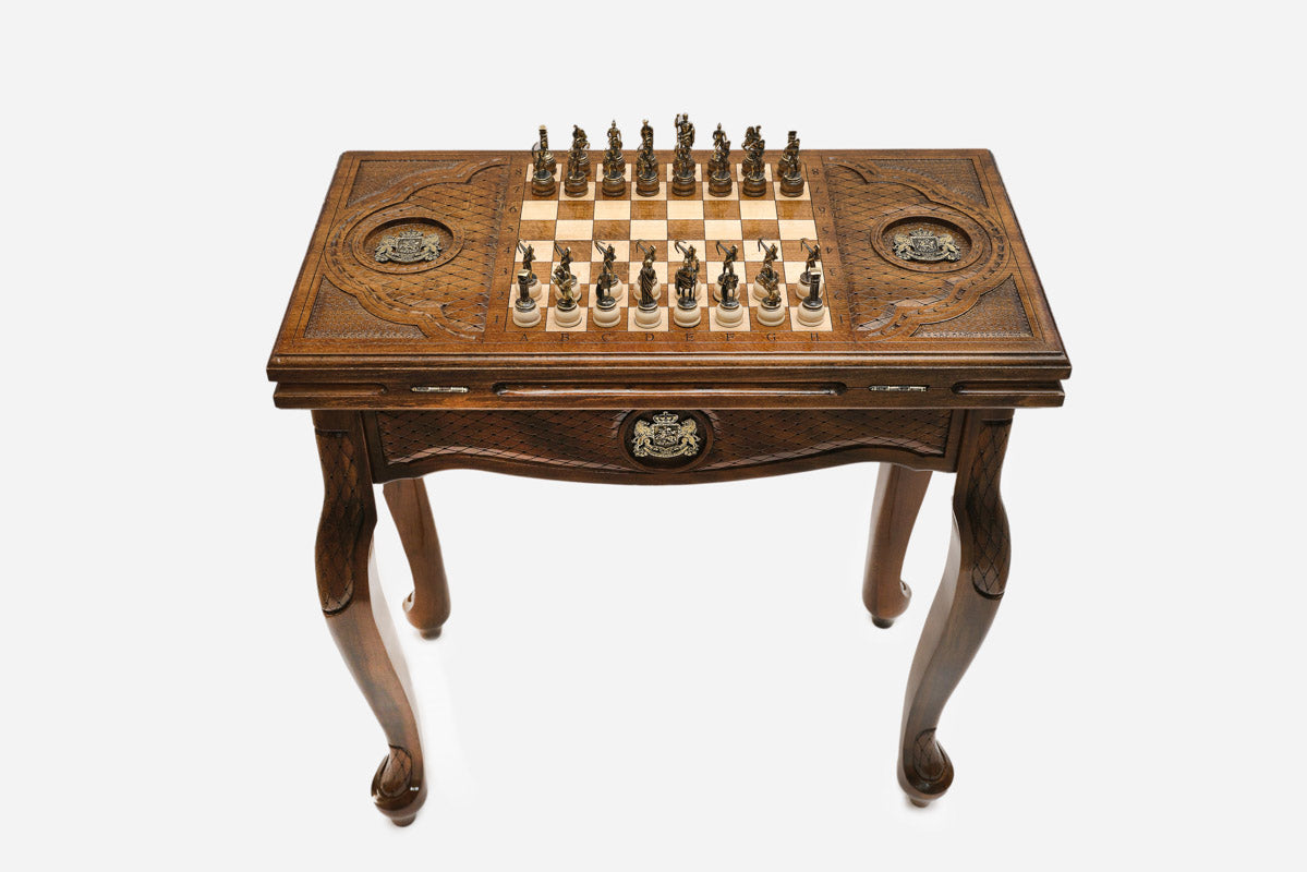 Handle Georgian Coat of Arms chess-backgammon table set up for chess, straight front view