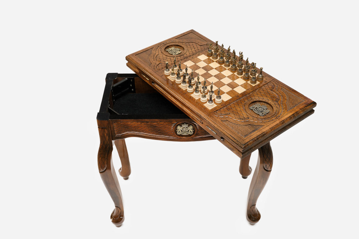 Close-up of the backgammon board detail on the Handle Georgian Coat of Arms table