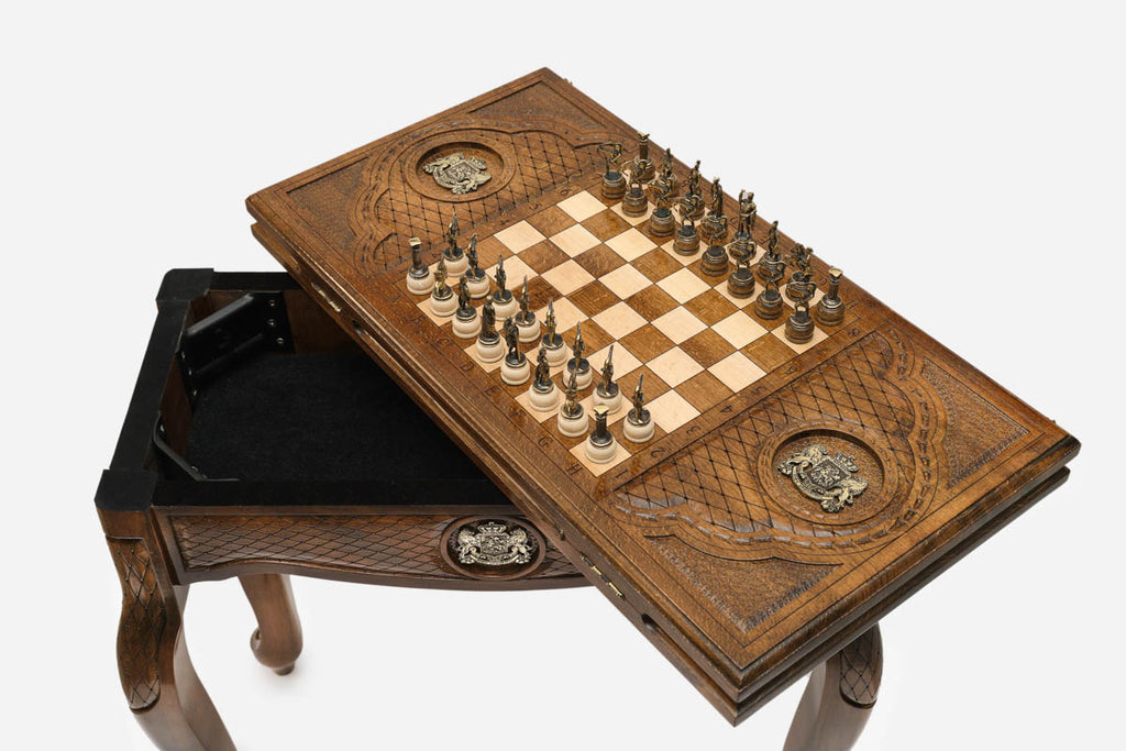 Handle Georgian Coat of Arms table opening to reveal the backgammon storage compartment