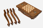 Handle Georgian Coat of Arms chess-backgammon table closed, front view showing the drawer and legs