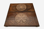 Ornamental Rosette chess set shown folded with carry handle