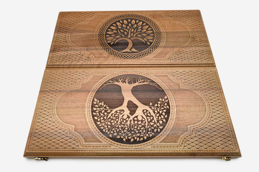 Tree of Life chess set shown folded with carry handle