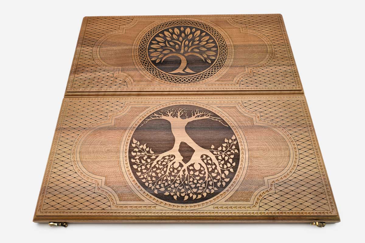 Tree of Life chess set shown folded with carry handle