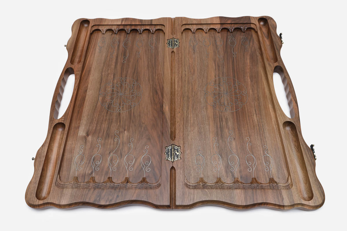 Armenian Backgammon Set - Ornaments Silver - handmade wooden backgammon board