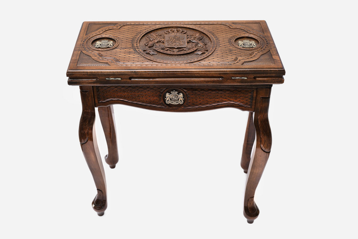 Handle Georgian Coat of Arms backgammon table set up for play, angled view
