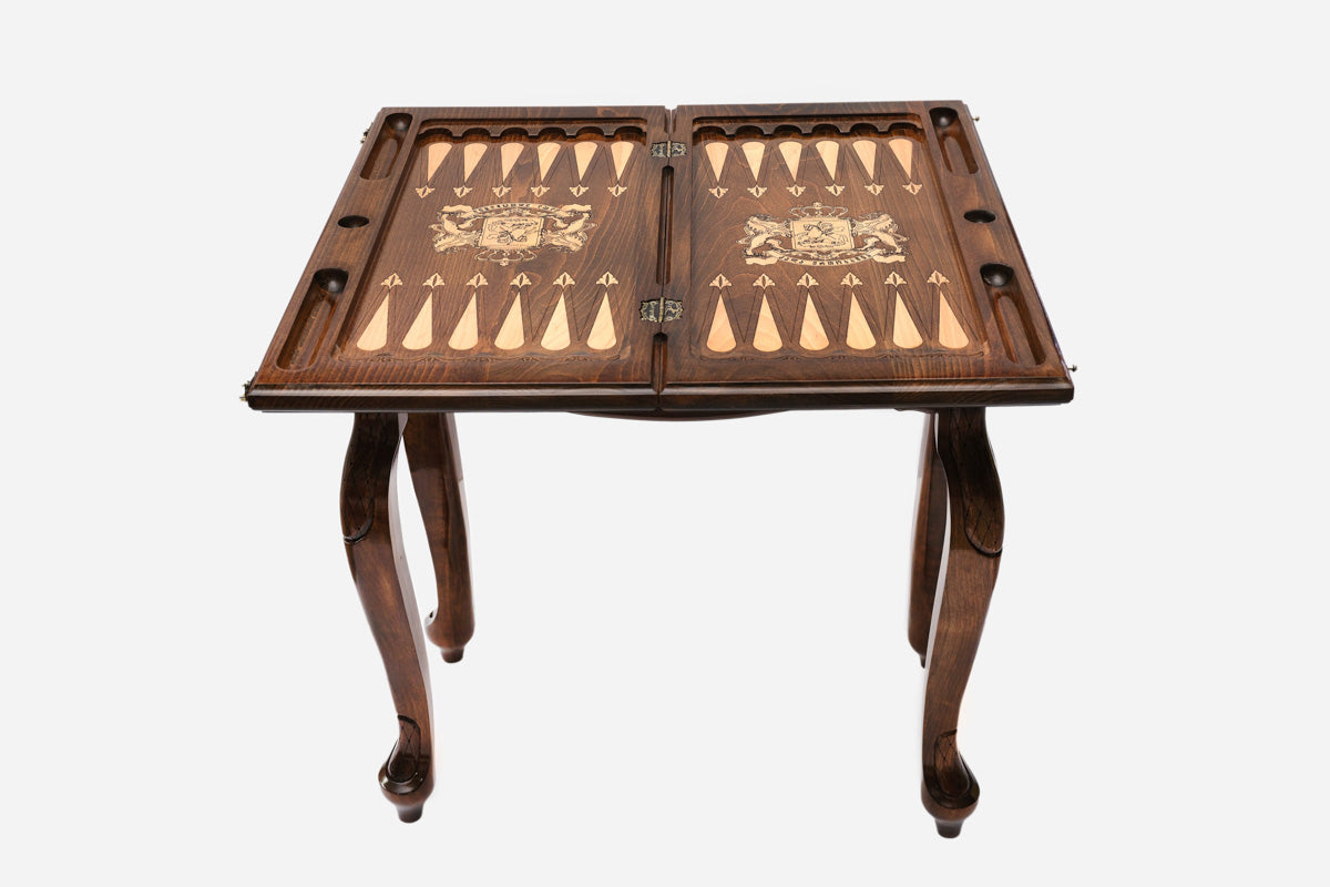Handle Georgian Coat of Arms backgammon table closed, angled view of the legs