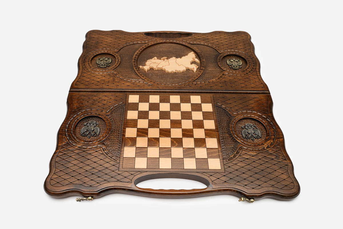 Angled view of the map of Russia bronze carved backgammon board