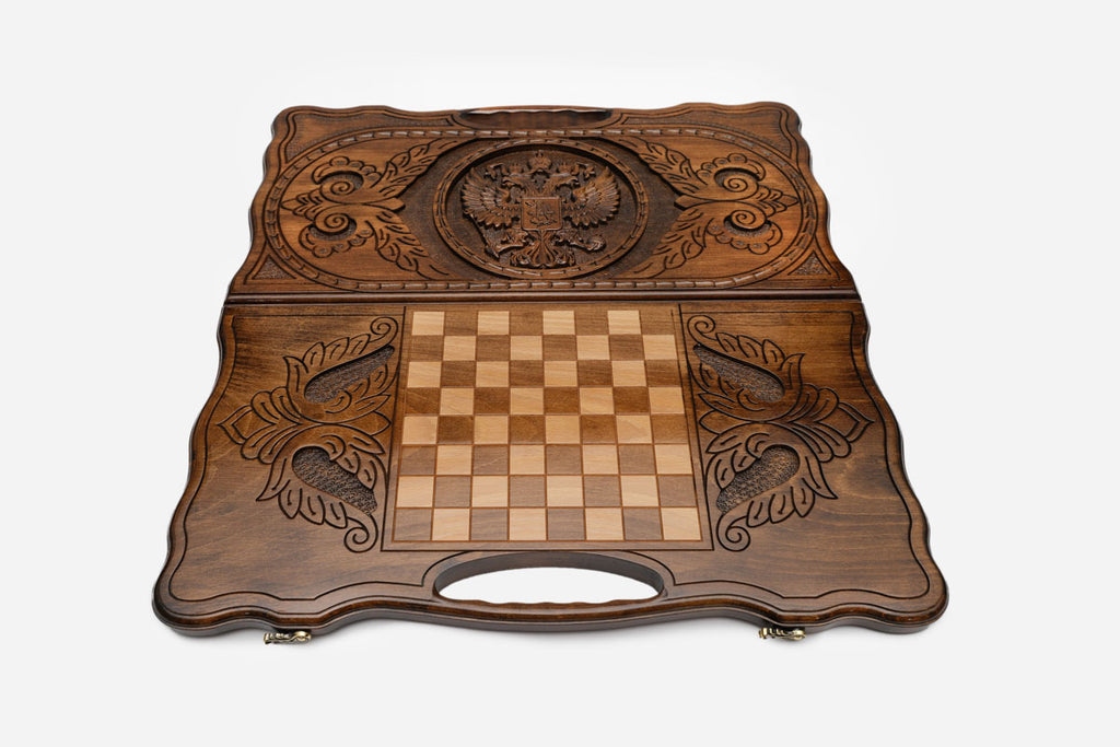 Angled view of the Russian eagle carved backgammon board