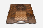 Angled view of the Russian eagle carved backgammon board