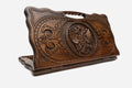 Carved beechwood backgammon board with the Russian double-headed eagle and a carry handle, propped open