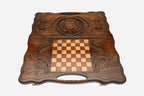 Angled view of the Armenian emblem carved backgammon board