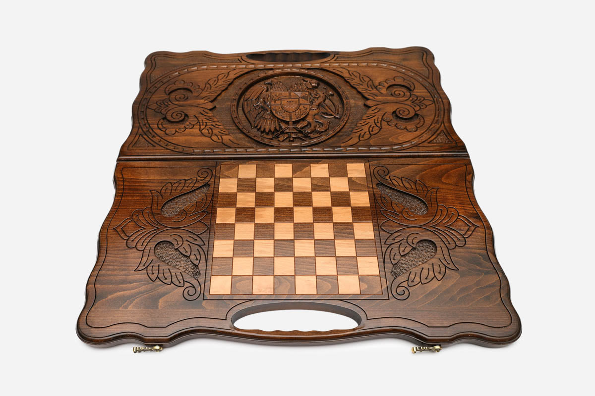 Angled view of the Armenian emblem carved backgammon board