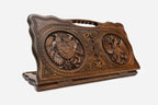 Carved beechwood backgammon board with the Armenian and Russian coats of arms, with a carry handle, propped open