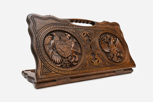 Carved beechwood backgammon board with the Armenian and Russian coats of arms, with a carry handle, propped open