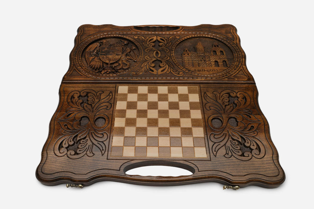 Angled view of the Armenia coat of arms and Etchmiadzin carved backgammon board