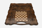 Angled view of the Armenia coat of arms and Etchmiadzin carved backgammon board