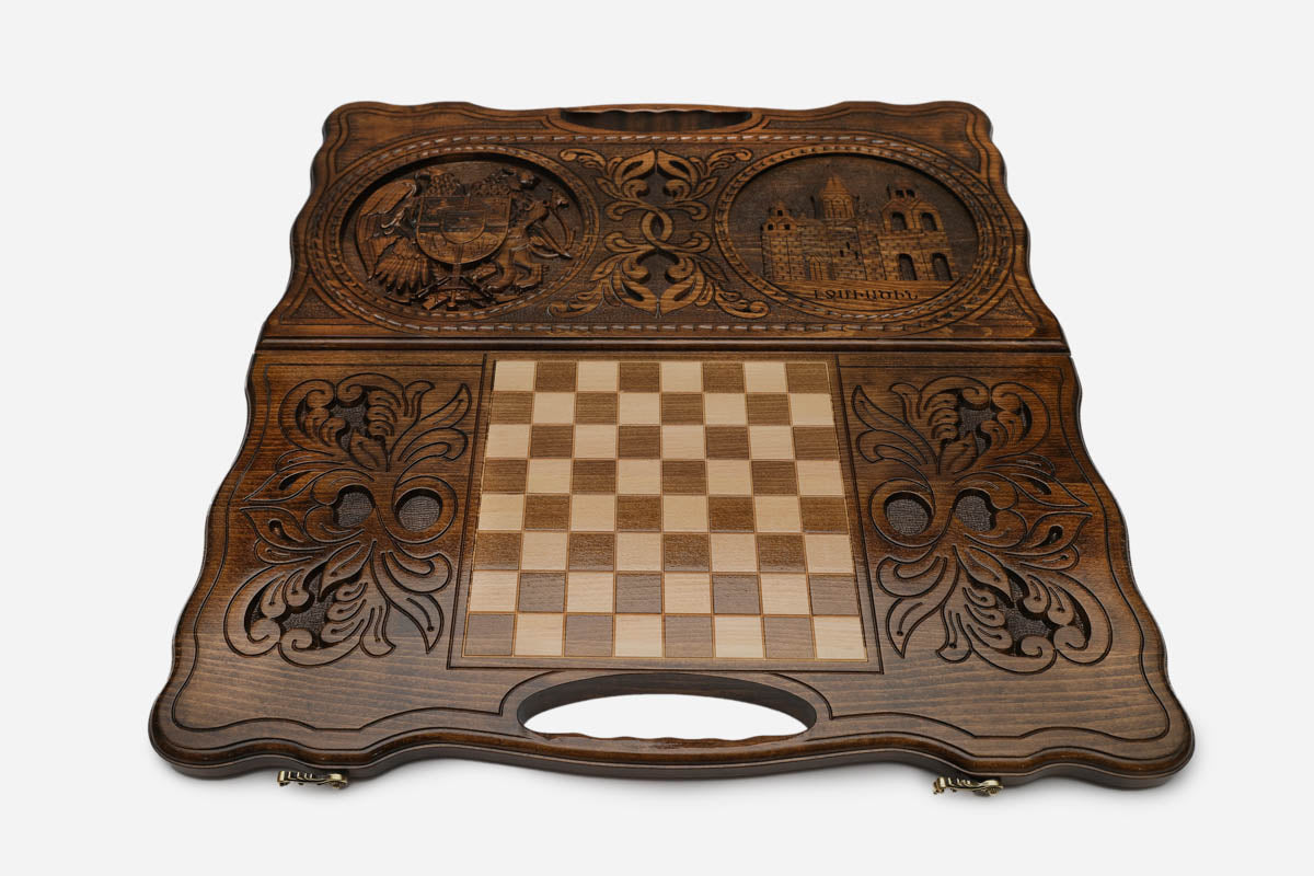 Angled view of the Armenia coat of arms and Etchmiadzin carved backgammon board
