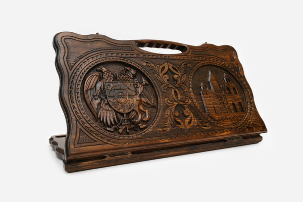 Carved beechwood backgammon board with the Armenian coat of arms and Etchmiadzin Cathedral, with a carry handle, propped open