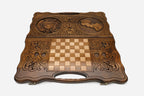 Angled view of the Armenia coat of arms and map carved backgammon board
