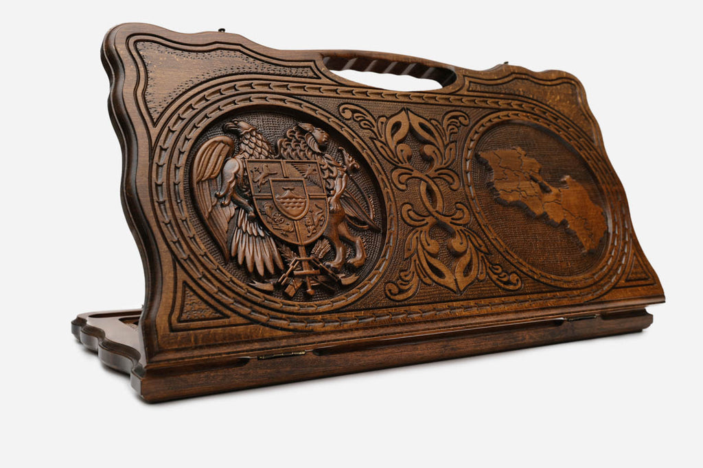 Carved beechwood backgammon board with the Armenian coat of arms and map, with a carry handle, propped open
