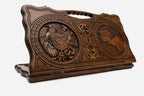 Carved beechwood backgammon board with the Armenian coat of arms and map, with a carry handle, propped open