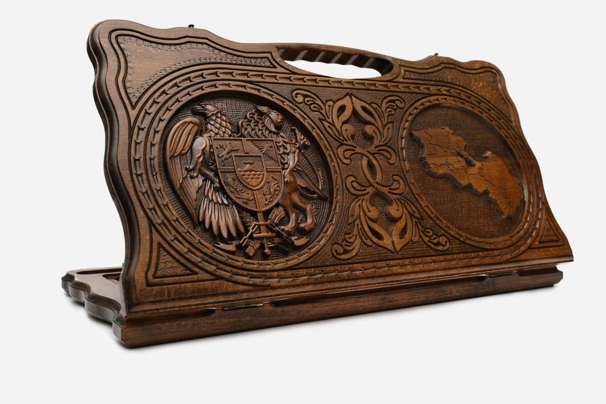 Carved beechwood backgammon board with the Armenian coat of arms and map, with a carry handle, propped open