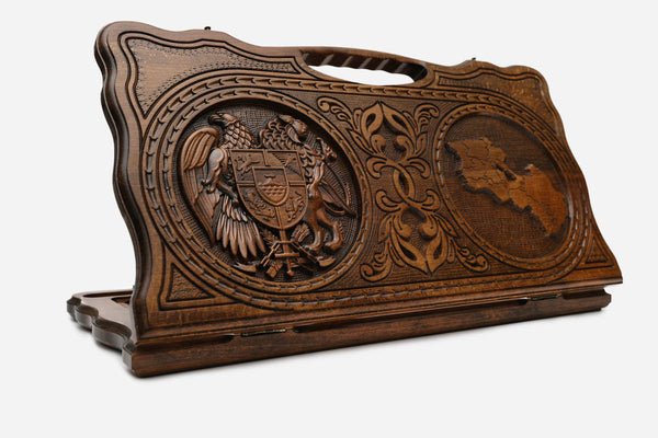 Carved beechwood backgammon board with the Armenian coat of arms and map, with a carry handle, propped open