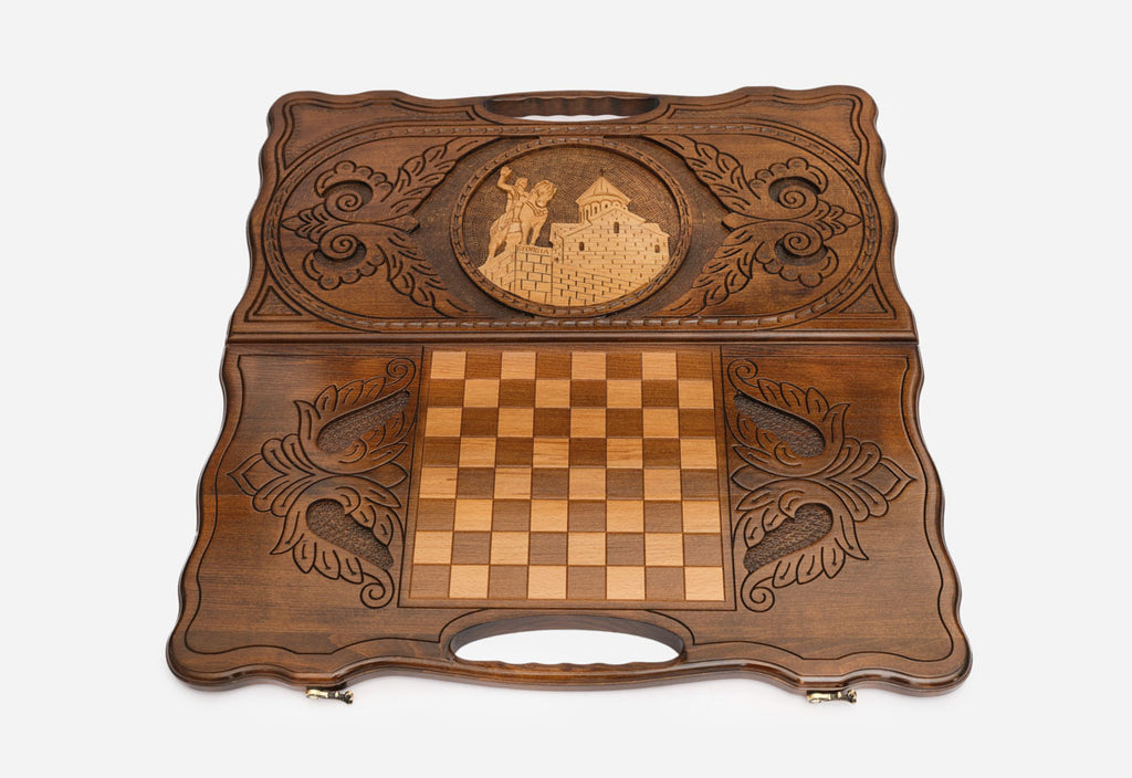 Angled view of the King Vakhtang Gorgasali carved backgammon board