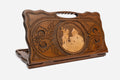 Carved beechwood backgammon board with King Vakhtang Gorgasali on horseback and a carry handle, propped open
