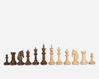 Angled view of the Mount Ararat folding chess set with beech and walnut pieces