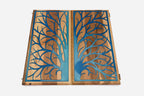 Angled view of the blue tree epoxy backgammon board