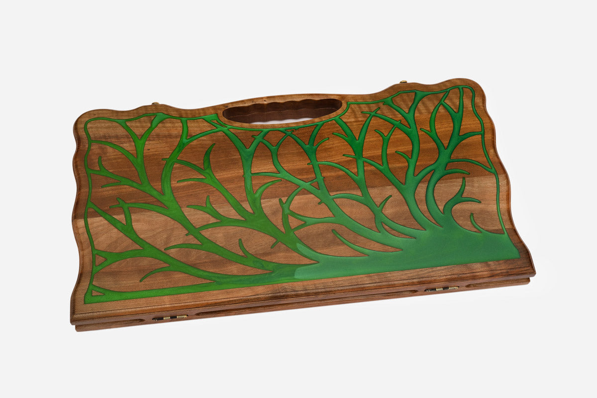 The walnut backgammon interior with playing points