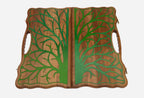 Angled view of the green tree epoxy backgammon board with carry handle