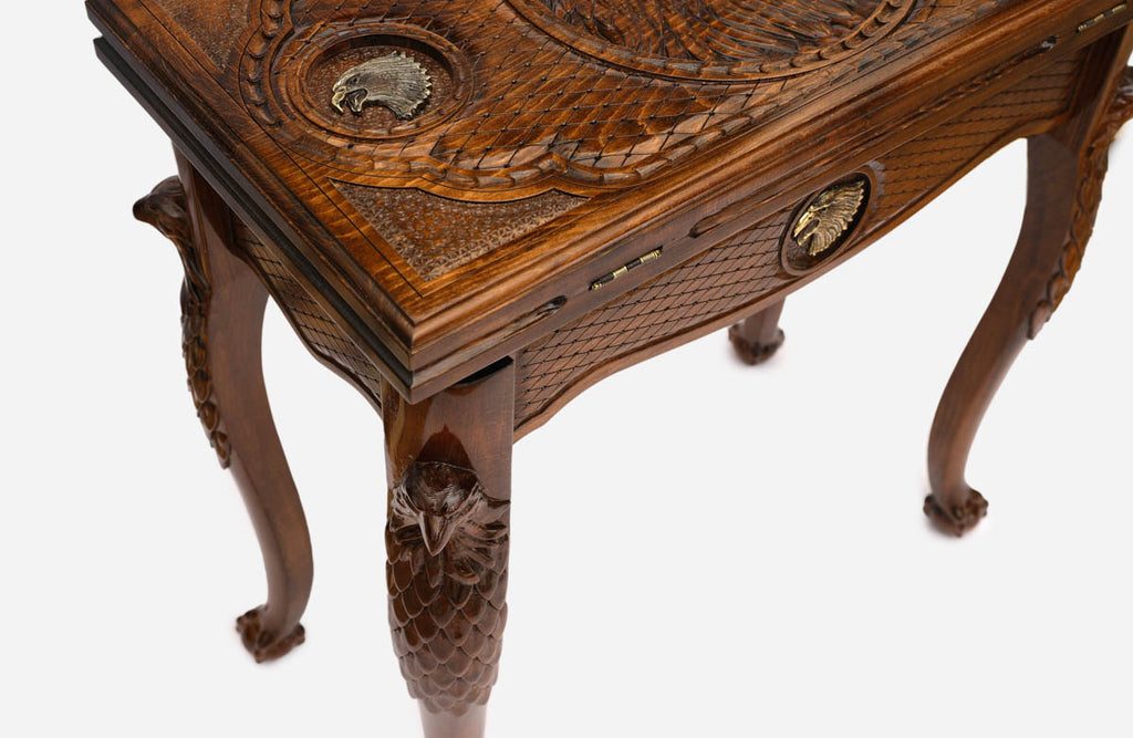 Handle Eagle backgammon table closed, front view showing the eagle head medallion