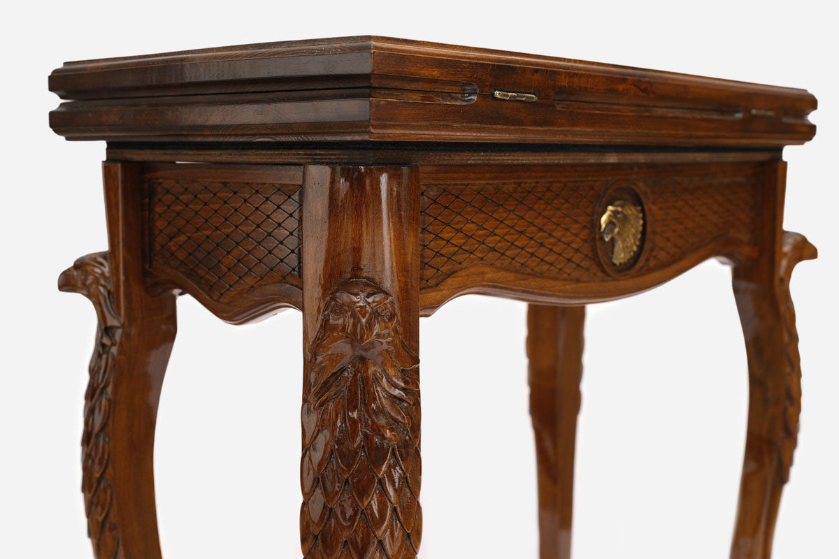 Handle Eagle backgammon table opened flat with checkers set up, top-down view