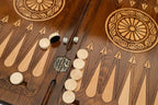 Handle Eagle backgammon table set up for play, angled view