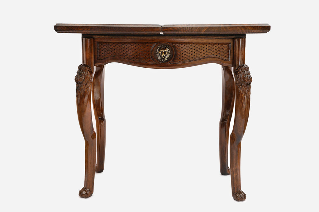 Close-up of the carved lion leg on the Handle backgammon table