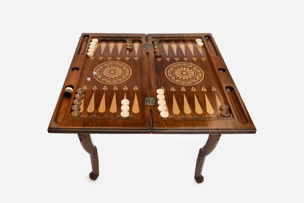 Handle Lion backgammon table set up for play, angled view
