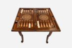 Handle Lion backgammon table set up for play, angled view
