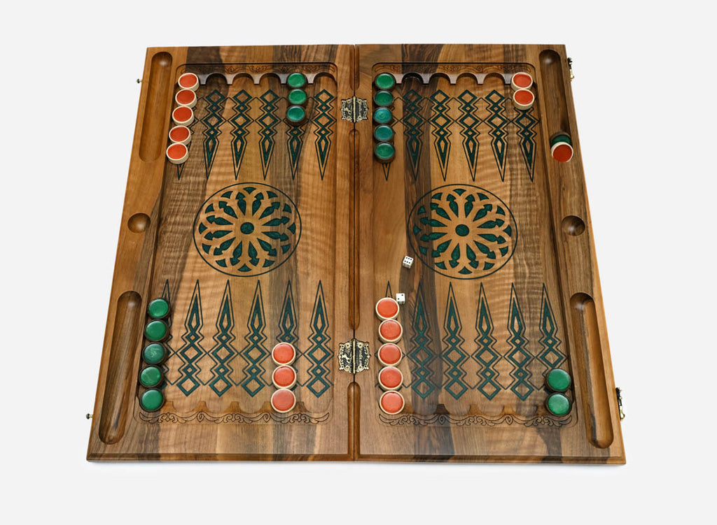 Angled view of the blue diamond epoxy backgammon board