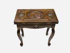 Handle Pomegranate Bronze backgammon table closed, front view showing the bronze medallions