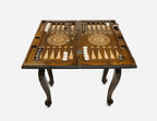 Handle Pomegranate Bronze backgammon table closed, angled view of the carved legs