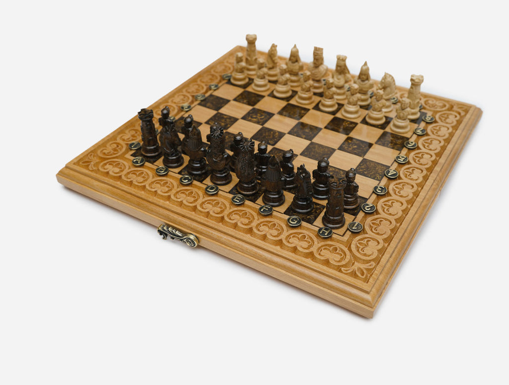 Overhead view of the brown epoxy board and full set of pieces