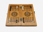Angled view of the brown epoxy chess set with its figural pieces