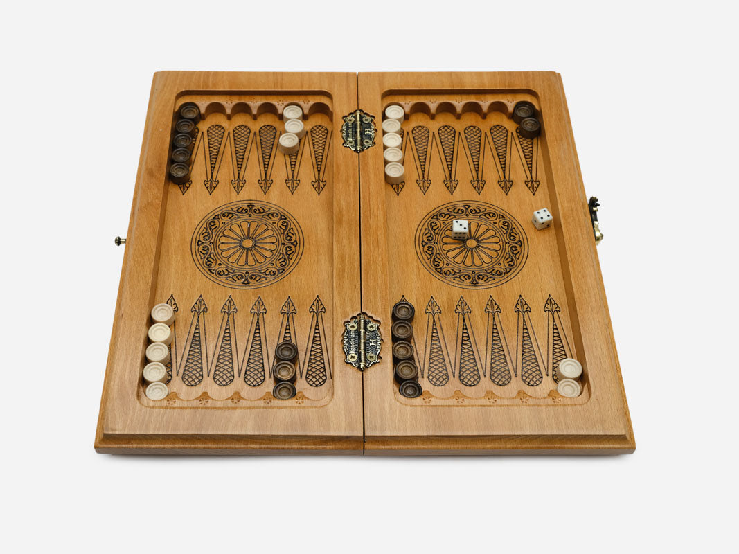 Angled view of the brown epoxy chess set with its figural pieces