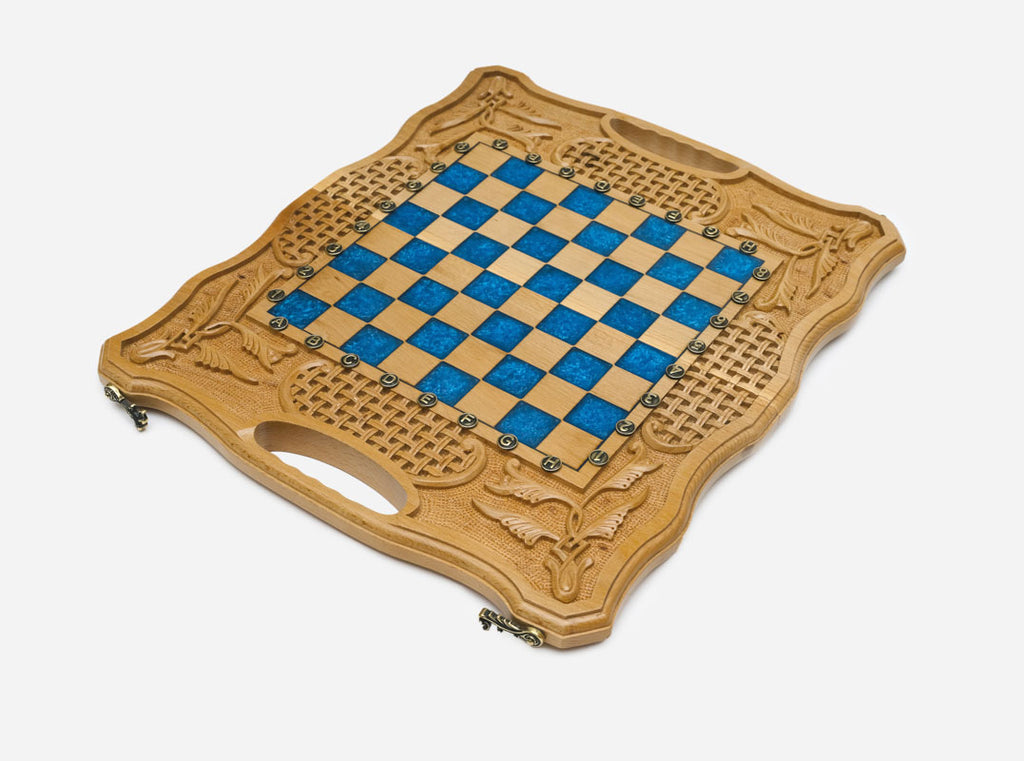 The folding board partly closed, showing its carved beechwood case